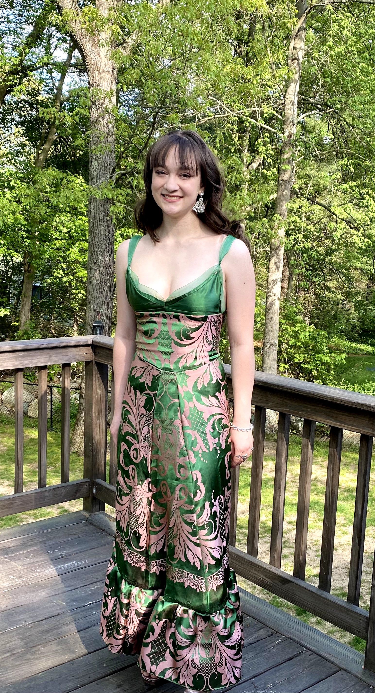 Green and rose silk gown, worn